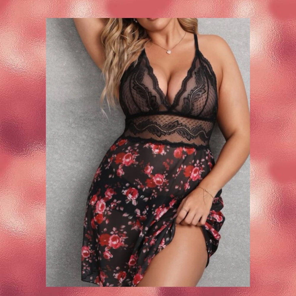 Floral Mesh Nighty with Matching Thong